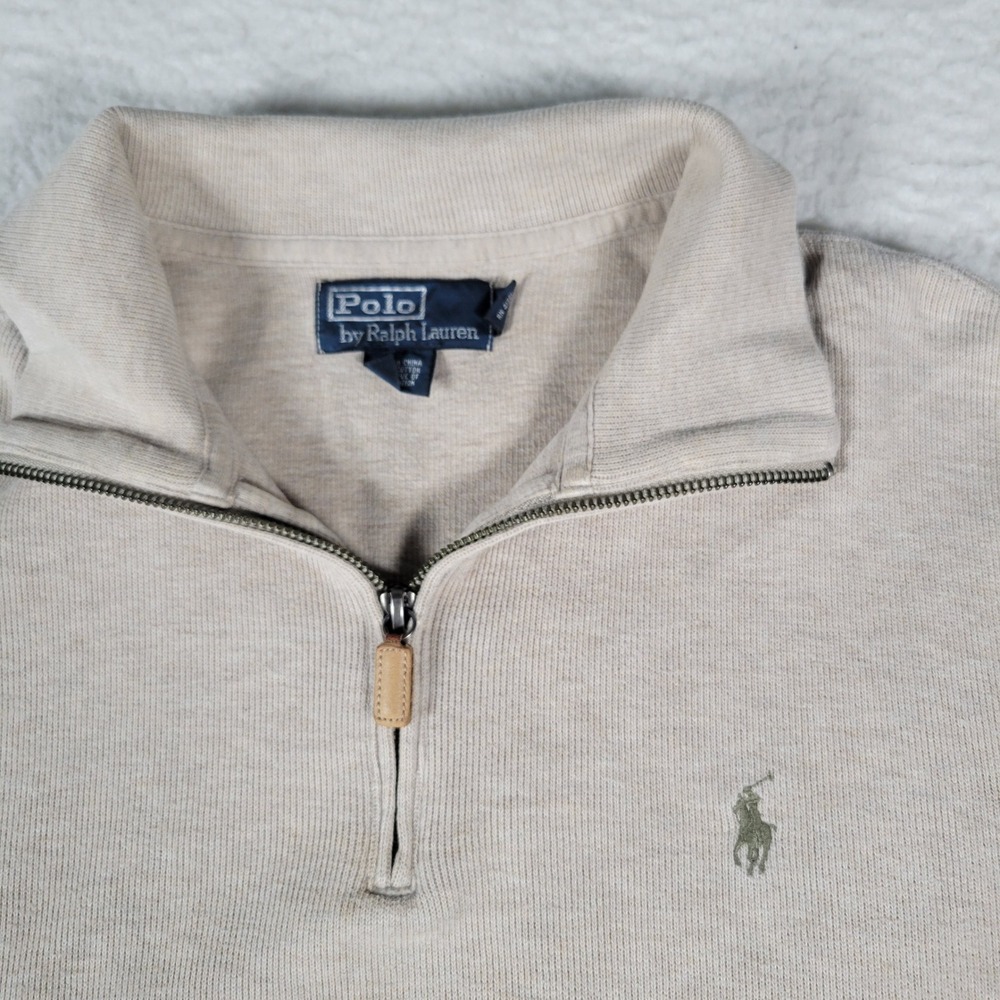 Polo Ralph Lauren Quarter Zip Men Size M Beige Heather Cotton Pullover Sweater